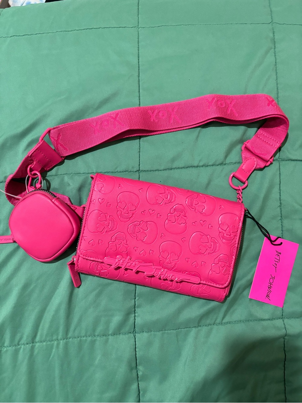 Betsey Johnson Hot Pink Embossed Skull Crossbody with Coin Pouch